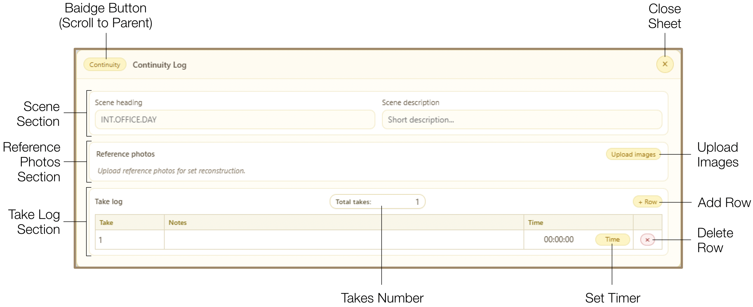 Continuity Log overview showing Scene Section, Reference Photos, and Take Log
